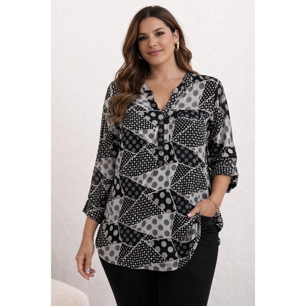 Cocomo Black White Geometric Polka Dot Blouse Artsy Retro Womens‎ Plus Size 2x